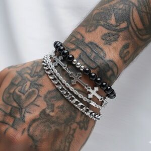 Silver and Black Cross Chain Bracelet Set